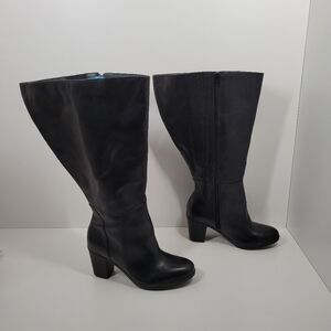 J.J. Black Leather Wide Calf Block Heel Side Zip Boots Women Size 38 US 7.5